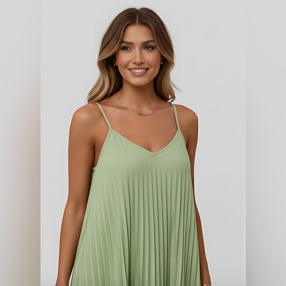 Pleated Spaghetti Strap Mini Dress Green - Picture 3 of 8